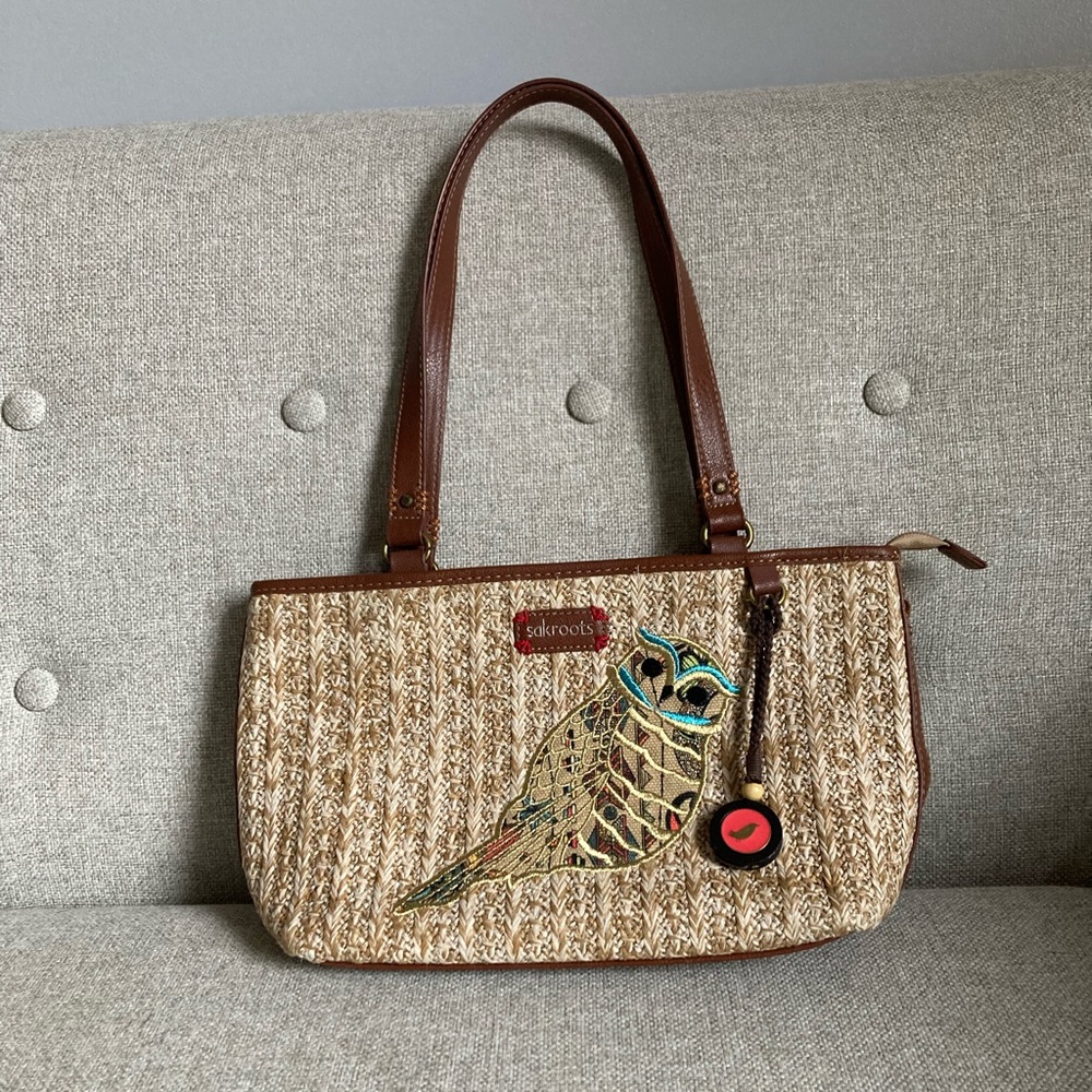 Sakroots straw shoulder bag with embroidered owl